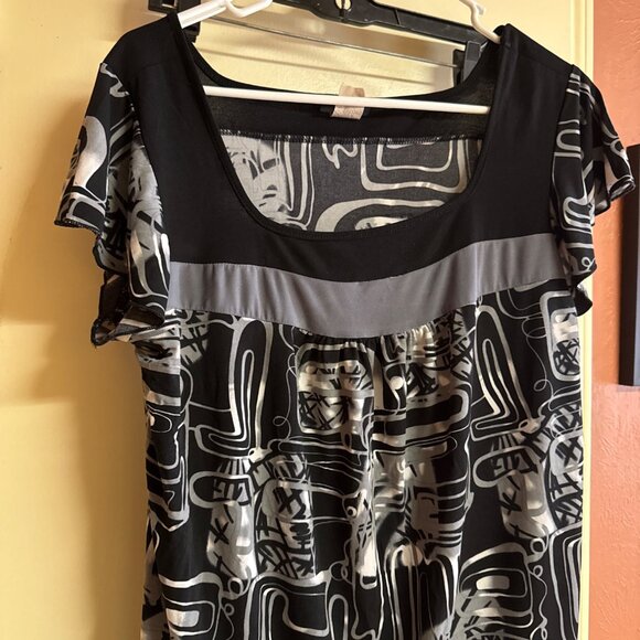 Vintage Abstract Print Black & Gray Perception Women Short Sleeve Stretchy Top W - Picture 2 of 5